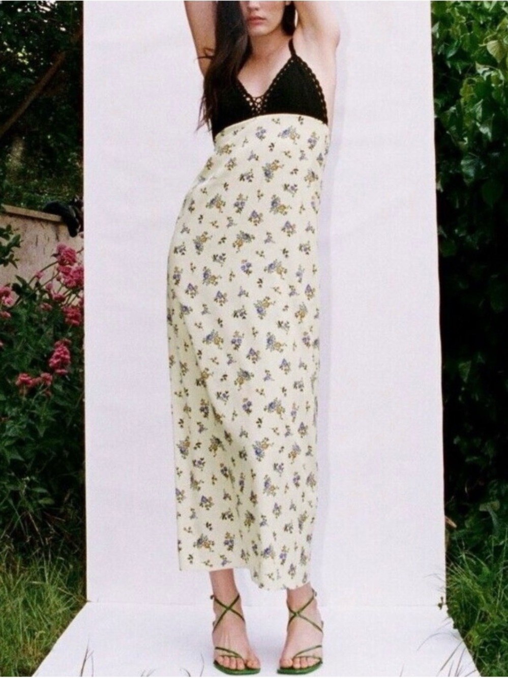 Zara Satin Floral Crochet Bust Maxi Dress Ivory Black Plunge M